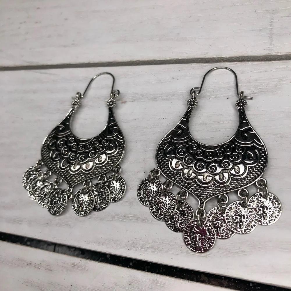 Sky Vintage Silver Tone Bohemian Coin Metal Drop Earrings - Picture 3 of 3